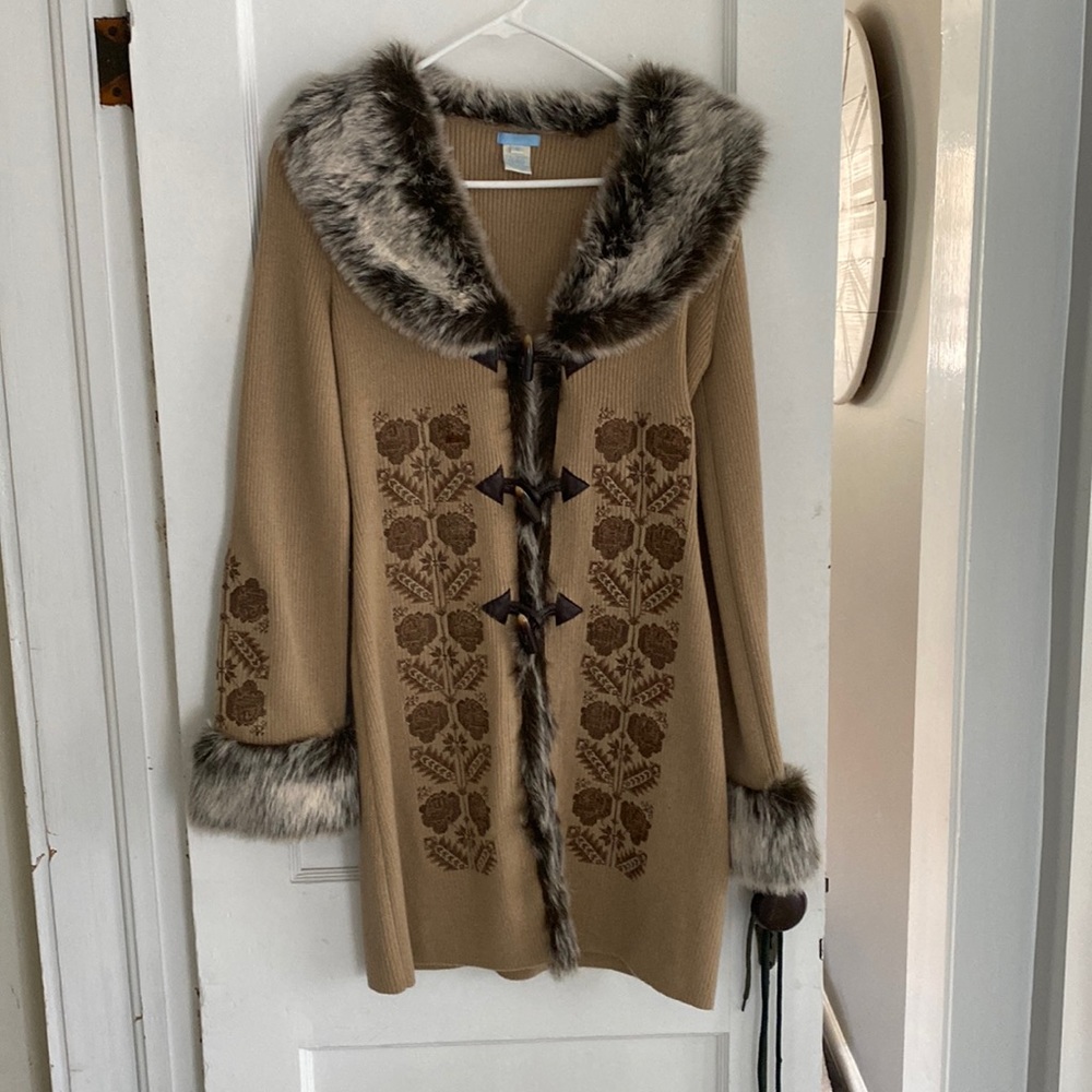 Urchin Sweater jacket, Tan with faux fur trimming.